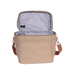 A beige cooler bag with a silver interior, featuring a detachable strap and a front pocket. It has a logo.