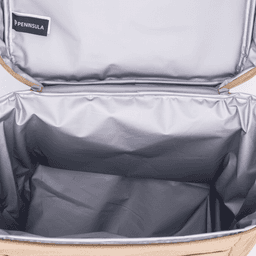 A tan cooler bag with a silver insulated interior, featuring a branded tag inside the lid.