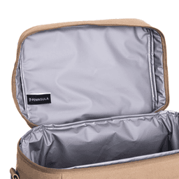 A tan cooler bag with a silver interior and a small logo inside. The bag is unzipped and empty.