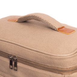 A beige cooler bag with a textured surface and a sturdy handle, featuring a zip closure.
