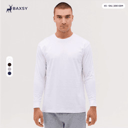 A long sleeve tee in white, featuring a relaxed fit and a logo on the upper left side.