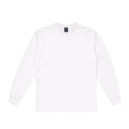 A white long sleeve tee featuring a round neckline and fitted cuffs. It includes a logo on the neck label.