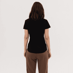 A black women's essential tee is displayed, featuring a simple design and a fitted silhouette from the back.