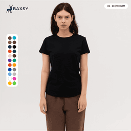 A black women's tee with short sleeves displayed on a model, featuring a logo and various colour swatches.