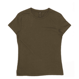A women's t-shirt in olive green with a fitted design and a round neckline. It features a small logo.