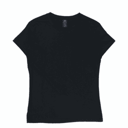 A black women’s essential T-shirt with a simple design and a logo on the label.