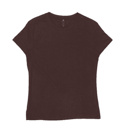 A women's essential tee in a rich dark brown colour, featuring short sleeves and a fitted design. It has a logo on the label.