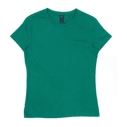 A women's short-sleeved T-shirt in a teal colour, featuring a logo on the neckline.