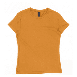 A mustard yellow women's essential tee with a round neckline and short sleeves. It features a branded label.