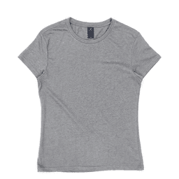 A grey women's t-shirt with a fitted design and a small logo on the neckline.