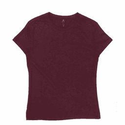 A women's burgundy essential tee with a fitted style and a round neckline, featuring a logo on the label.