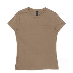 A women's essential tee in a light brown shade with short sleeves and a subtle logo.