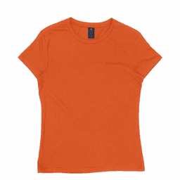 An orange women's T-shirt with a fitted design and a brand logo on the tag.