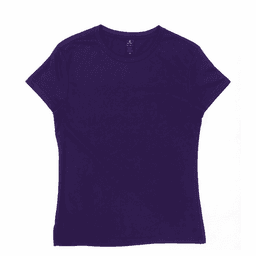 A purple women's t-shirt with short sleeves and a fitted style. It features a logo on the inside label.
