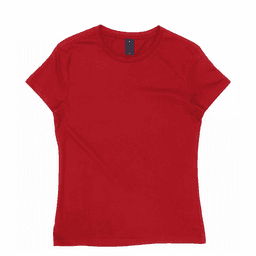 A red women's T-shirt with a fitted design and a small brand logo on the label.