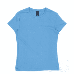 A blue women's essential tee with a round neckline and short sleeves, featuring a logo on the tag.