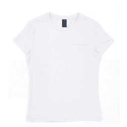 A white women's surf/essential tee shirt with a round neckline and a logo at the neck.