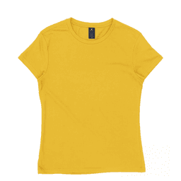 A yellow women's t-shirt with a fitted design and a logo on the neckline.
