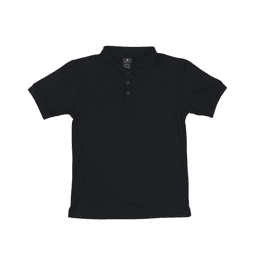 A black polo shirt with a collar and three buttons, featuring a logo on the label.