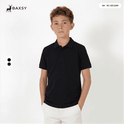A black youth polo shirt with a collar, displayed on a model against a plain background. Features a logo.