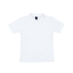 A white polo shirt featuring a collar and a four-button placket, with a logo on the chest area.