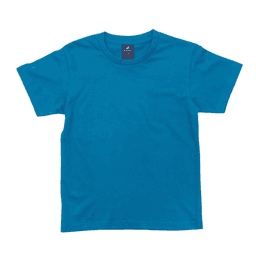 A blue youth t-shirt featuring a round neckline and short sleeves, with a label on the inside neck area.