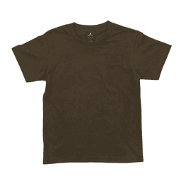 A brown youth T-shirt with a round neckline and short sleeves. It features a logo on the label.