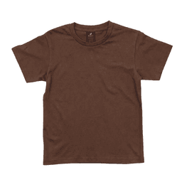 A brown youth T-shirt featuring short sleeves and a round neck design. The shirt has a branding label.