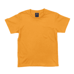 An orange youth T-shirt with a round neck and short sleeves, featuring a brand logo on the label.