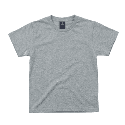 A grey youth essential tee with a crew neck and short sleeves, featuring a label inside the collar.