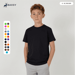 A plain black youth tee displayed on a model, surrounded by a colour palette of various options.