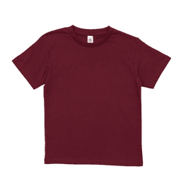 A burgundy youth essential tee featuring a simple, classic design. It has a logo tag on the neckline.