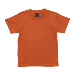 An orange youth t-shirt with a crew neck and short sleeves, featuring a logo on the neckline.