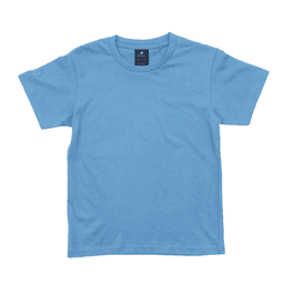 A light blue T-shirt with a round neckline and short sleeves, featuring a branded label.