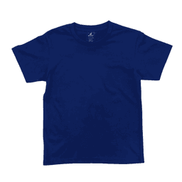 A navy blue youth t-shirt with a round neckline and short sleeves. It features a branding label inside the collar.