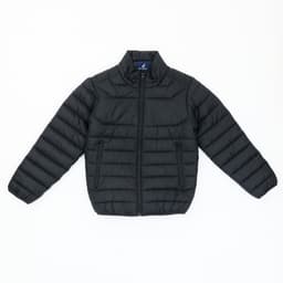 A black puffer jacket featuring a zip front and two side pockets, with a stand collar and ribbed cuffs.