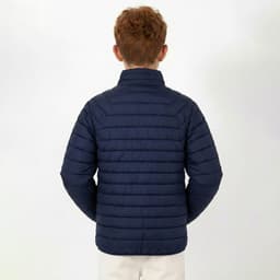 A navy puffer jacket seen from the back, featuring horizontal quilted detailing and a standalone collar.