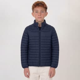 A navy puffer jacket with a zip closure and ribbed texture, designed for youth, worn by a model.