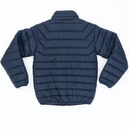 A navy puffer jacket with a quilted design and elastic cuffs, featuring a high collar and a logo on the back.