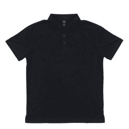 A black polo shirt featuring a three-button placket and a subtle logo on the collar.
