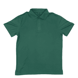 A green polo shirt with a collar and buttons, featuring a logo on the front.