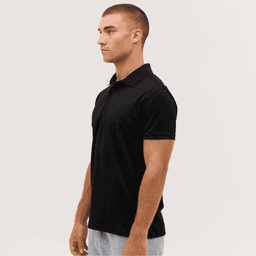 A black polo shirt featuring a collar and short sleeves, shown from the side with a plain design.
