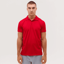 A red polo shirt with a collar displayed on a model against a plain background. The shirt has a logo on it.