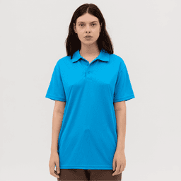A blue polo shirt with a collar and short sleeves, featuring a logo on the chest.