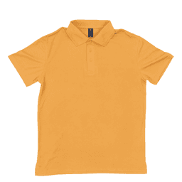 A yellow polo shirt featuring a collar and short sleeves, with a logo on the chest.