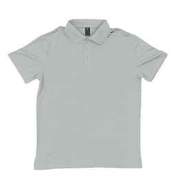 A light grey polo shirt with a collar and three buttons, featuring a logo on the chest.
