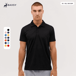 A black polo shirt displayed on a model, featuring a collar and short sleeves. Includes a colour guide on the side.