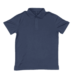 A navy polo shirt featuring a classic collar and button placket, with a logo on the chest.