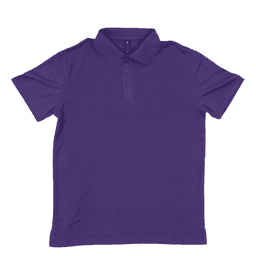 A purple polo shirt with a collar and three buttons, featuring a logo on the chest.