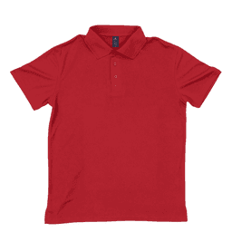 A red polo shirt featuring a classic collar and button placket, with a logo on the chest.